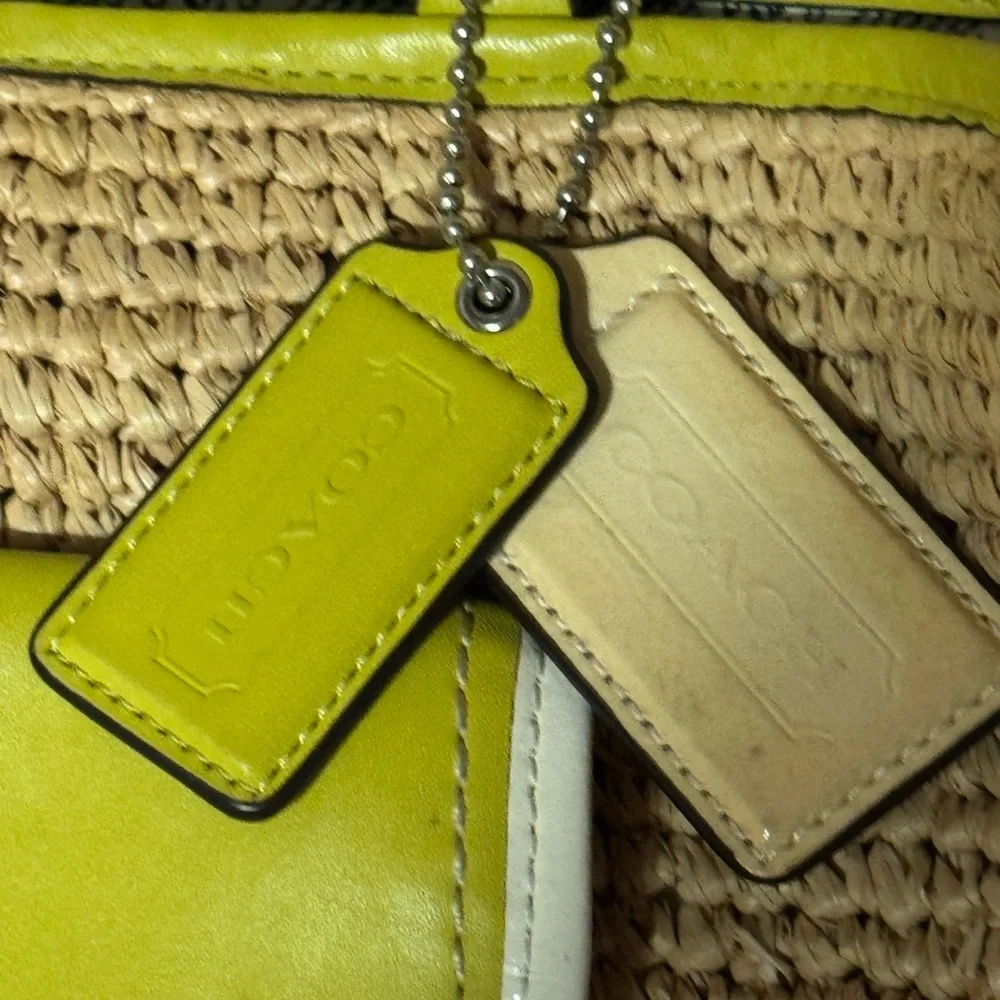 Vintage Coach Bag Lime Green Straw Satchel Shoulder Bag